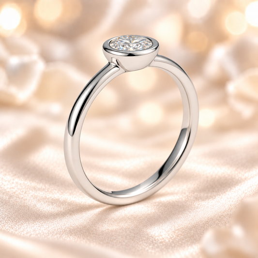 Moissanite bezel solitaire ring with a 3 mm round stone, crafted in white-gold-plated 925 silver. Elegant and timeless style. Available now at BSI Jewelry.