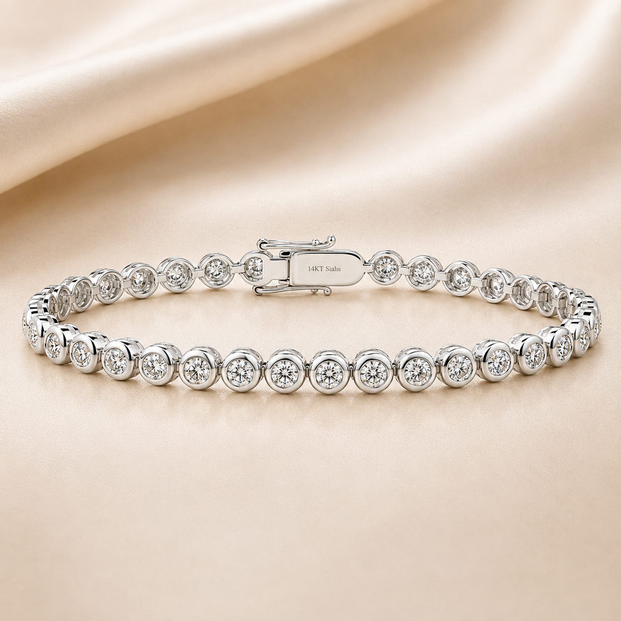 Moissanite bezel tennis bracelet in white gold-plated 925 silver, brilliant stones set in smooth bezels for timeless sparkle. Available now at BSI Jewelry.