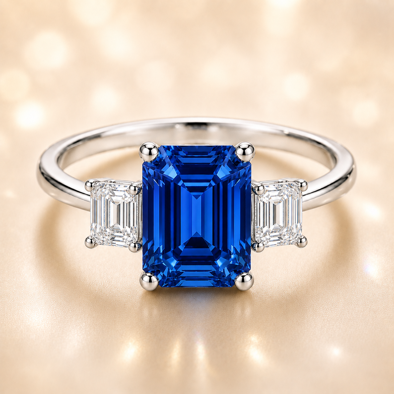 7×5 mm emerald-cut blue sapphire ring with baguette Moissanite accents in white-gold-plated 925 silver. Brilliant color and timeless charm. Now at BSI Jewelry.