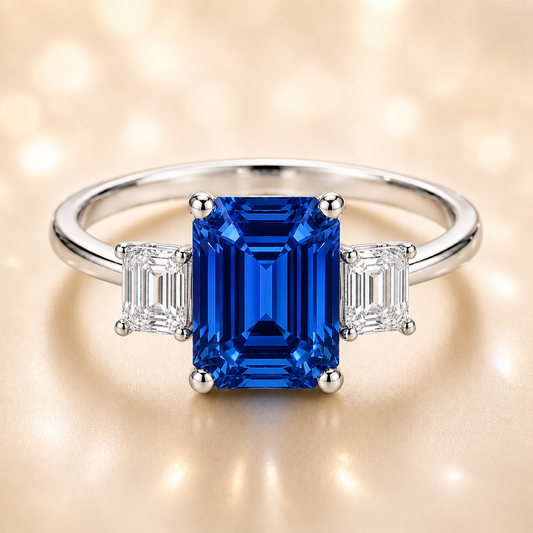 7×5 mm emerald-cut blue sapphire ring with baguette Moissanite accents in white-gold-plated 925 silver. Brilliant color and timeless charm. Now at BSI Jewelry.