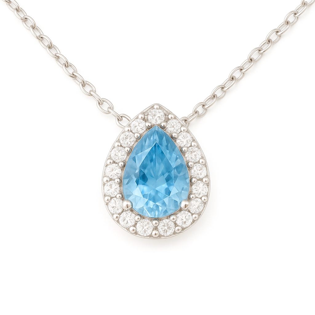 Elegant 7×5 mm blue sapphire halo necklace accented with Moissanite, crafted in white gold-plated 925 silver and palladium alloy. Available now at BSI Jewelry.