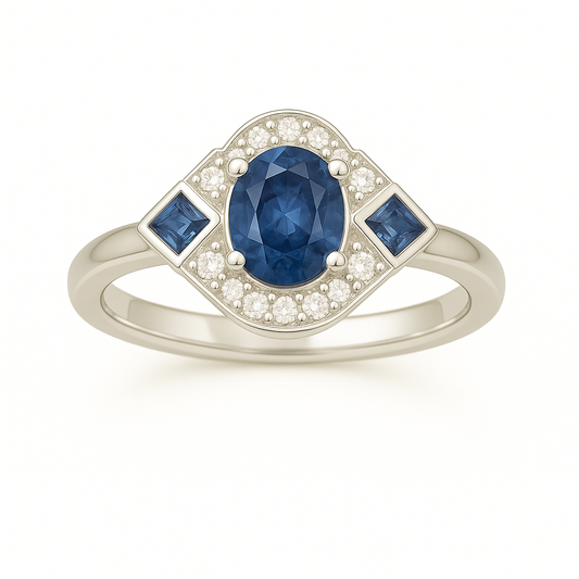 5×4 mm blue sapphire ring with white Moissanite in white gold-plated hypoallergenic 925 silver. Timeless color with elegant sparkle. Available now at BSI Jewelry.