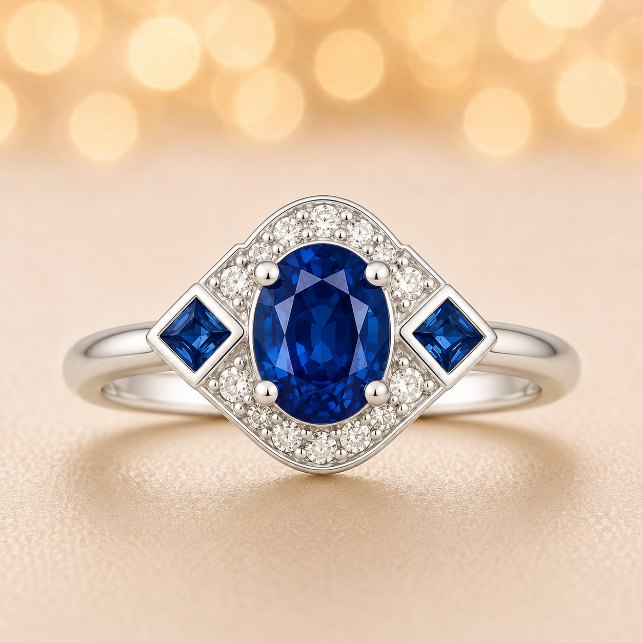 5×4 mm blue sapphire ring with white Moissanite in white gold-plated hypoallergenic 925 silver. Timeless color with elegant sparkle. Available now at BSI Jewelry.