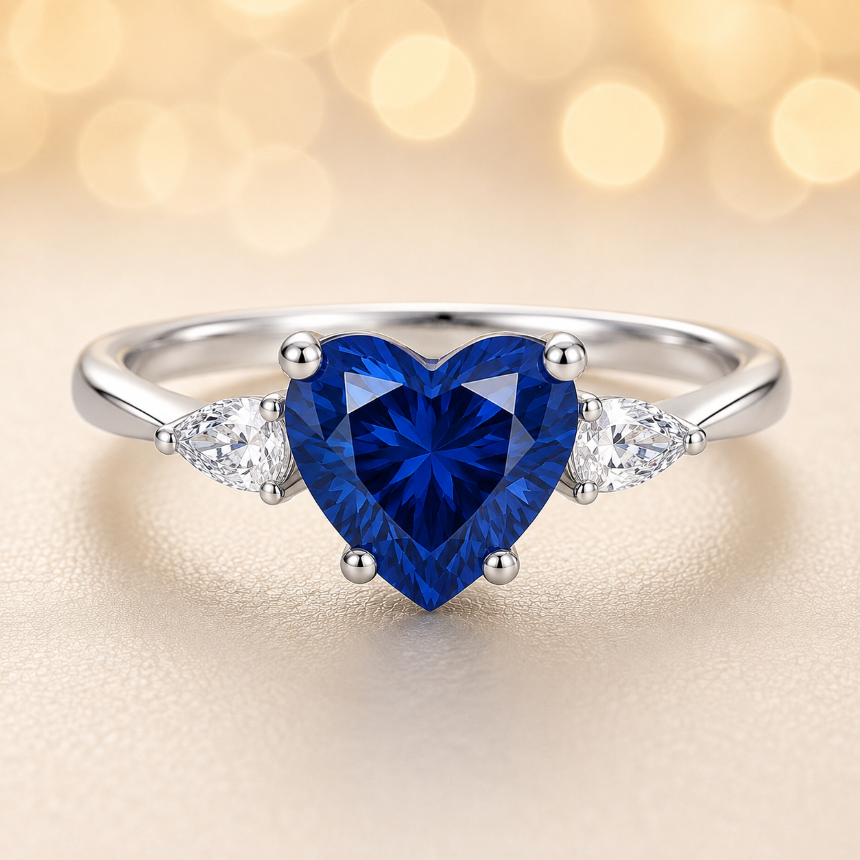 6 mm heart-cut blue sapphire ring with pear-shaped Moissanite accents, set in white-gold-plated 925 silver. Romantic and charming. Available now at BSI Jewelry.