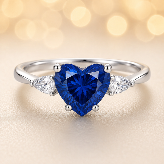 6 mm heart-cut blue sapphire ring with pear-shaped Moissanite accents, set in white-gold-plated 925 silver. Romantic and charming. Available now at BSI Jewelry.