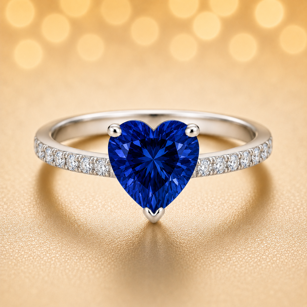 6mm heart-cut Blue Sapphire ring with Moissanite accents in white-gold-plated 925 silver. Elegant, timeless, and hypoallergenic. Available now at BSI Jewelry.