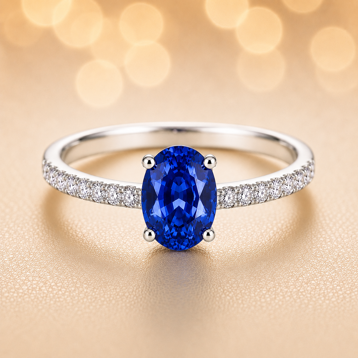 Radiant 7×5 mm blue sapphire oval engagement ring accented with Moissanite, in white gold-plated 925 silver and palladium alloy. Available now at BSI Jewelry.