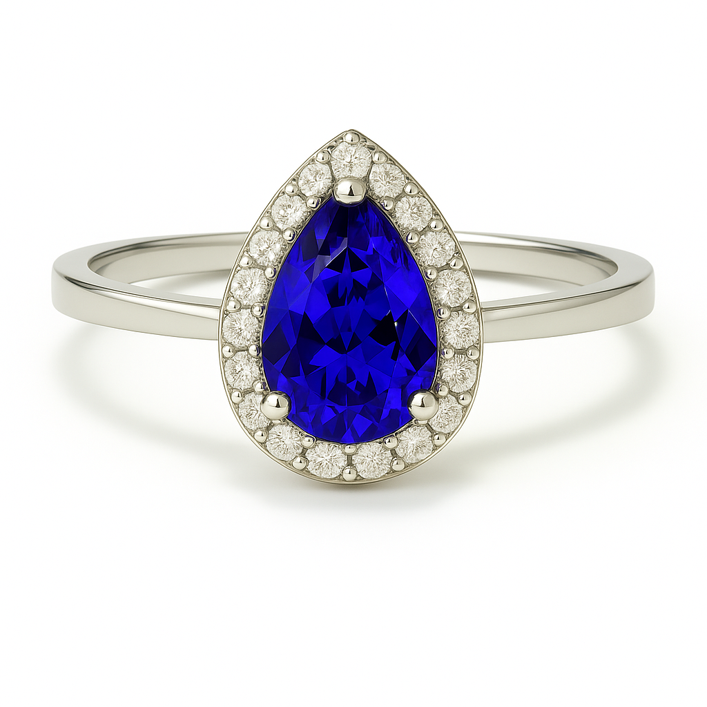 7×5 mm pear-cut blue sapphire ring with Moissanite halo in white-gold-plated 925 silver. Vivid brilliance and refined sparkle. Available Now at BSI Jewelry.