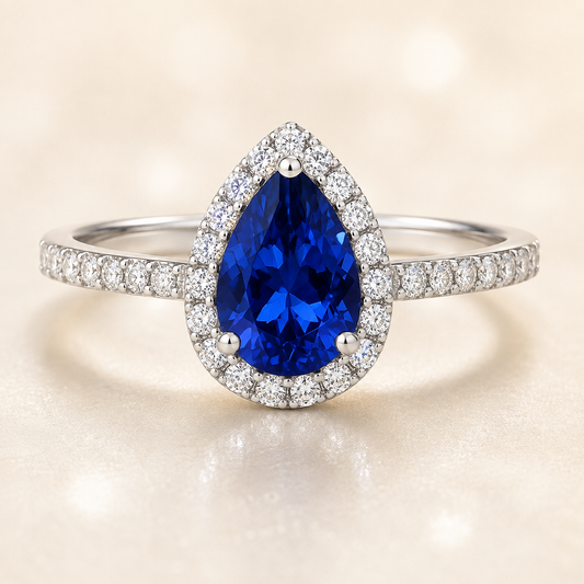 7×5 mm pear-cut blue sapphire ring with Moissanite halo in white-gold-plated 925 silver. Vivid brilliance and refined sparkle. Available now at BSI Jewelry.