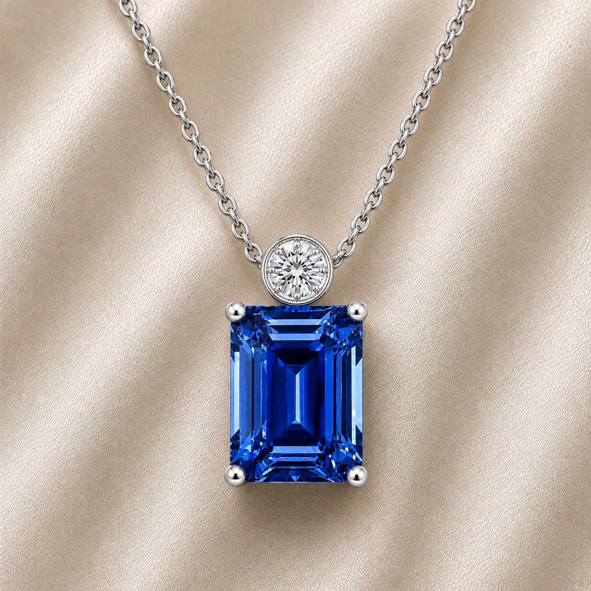 Blue sapphire & Moissanite pendant with 7×5 mm emerald-cut stone in white gold-plated 925 silver. Elegant sparkle and hypoallergenic. Available at BSI Jewelry.