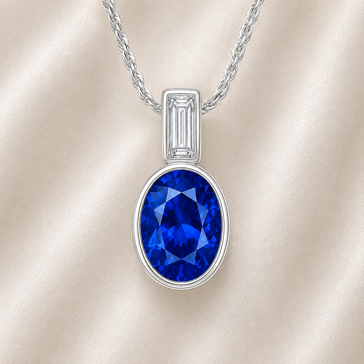 Elegant 7×5 mm Blue Sapphire pendant in white-gold-plated 925 silver, highlighted with a Moissanite accent for refined sparkle. Available now at BSI Jewelry.