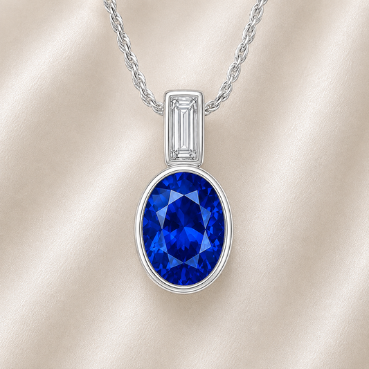 Elegant 7×5 mm Blue Sapphire pendant in white-gold-plated 925 silver, highlighted with a Moissanite accent for refined sparkle. Available now at BSI Jewelry.