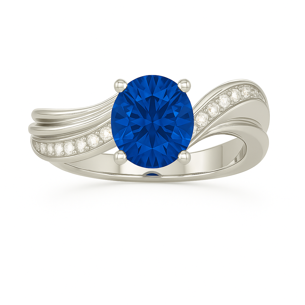 Elegant 5×4mm oval blue sapphire ring accented with Moissanite, crafted in white gold-plated 925 silver with palladium alloy. Hypoallergenic and refined.