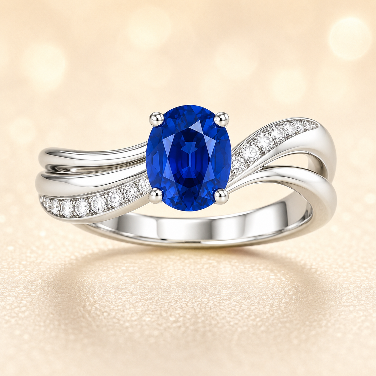 Elegant 5×4mm oval blue sapphire ring accented with Moissanite, crafted in white gold-plated 925 silver with palladium alloy. Hypoallergenic and refined.