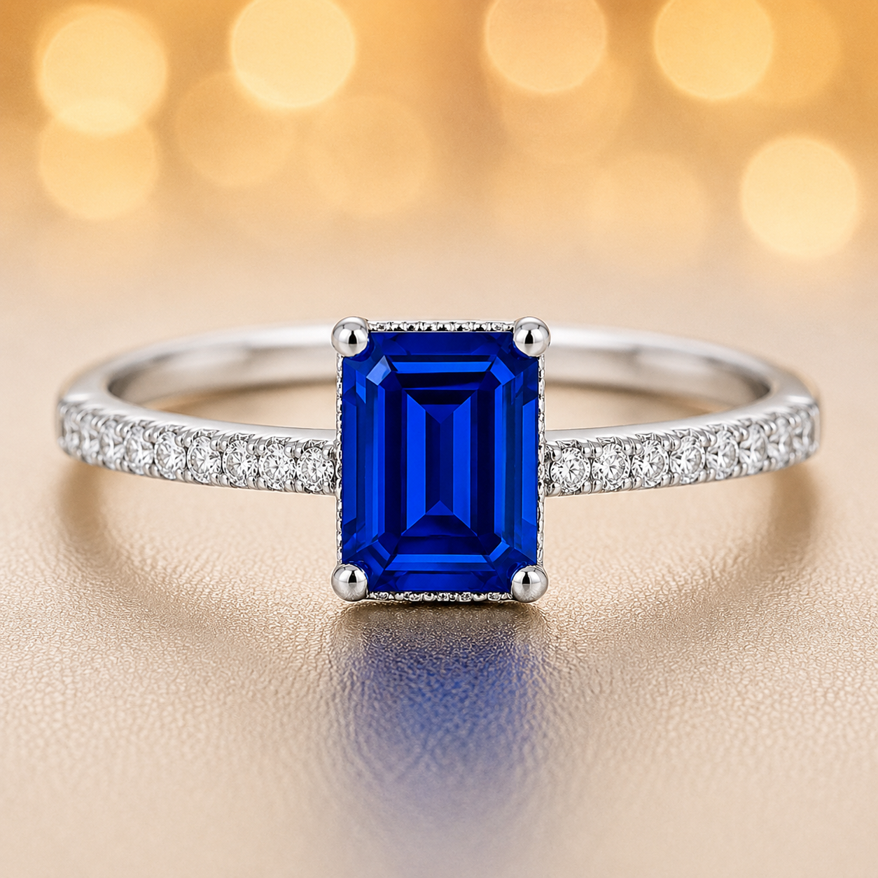 Emerald-cut 7×5 mm blue sapphire ring with Moissanite on white gold-plated 925 silver. Elegant, brilliant, and hypoallergenic. Available now at BSI Jewelry.