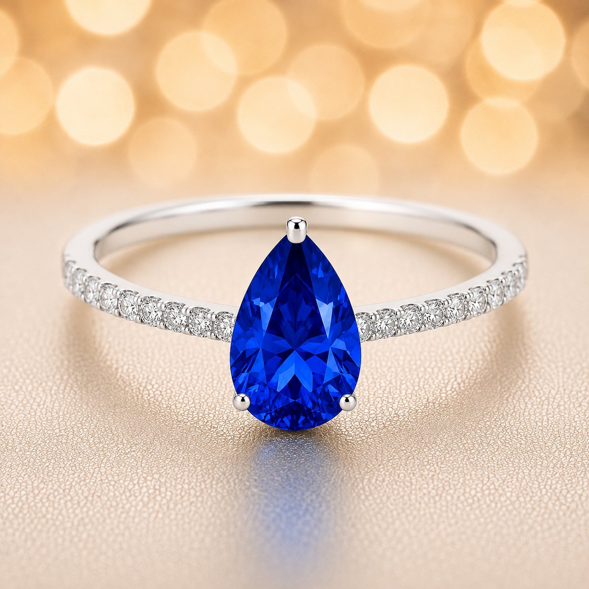 7×5 mm pear blue sapphire ring with Moissanite on white gold-plated 925 silver. Elegant, radiant, and hypoallergenic. Available now at BSI Jewelry.