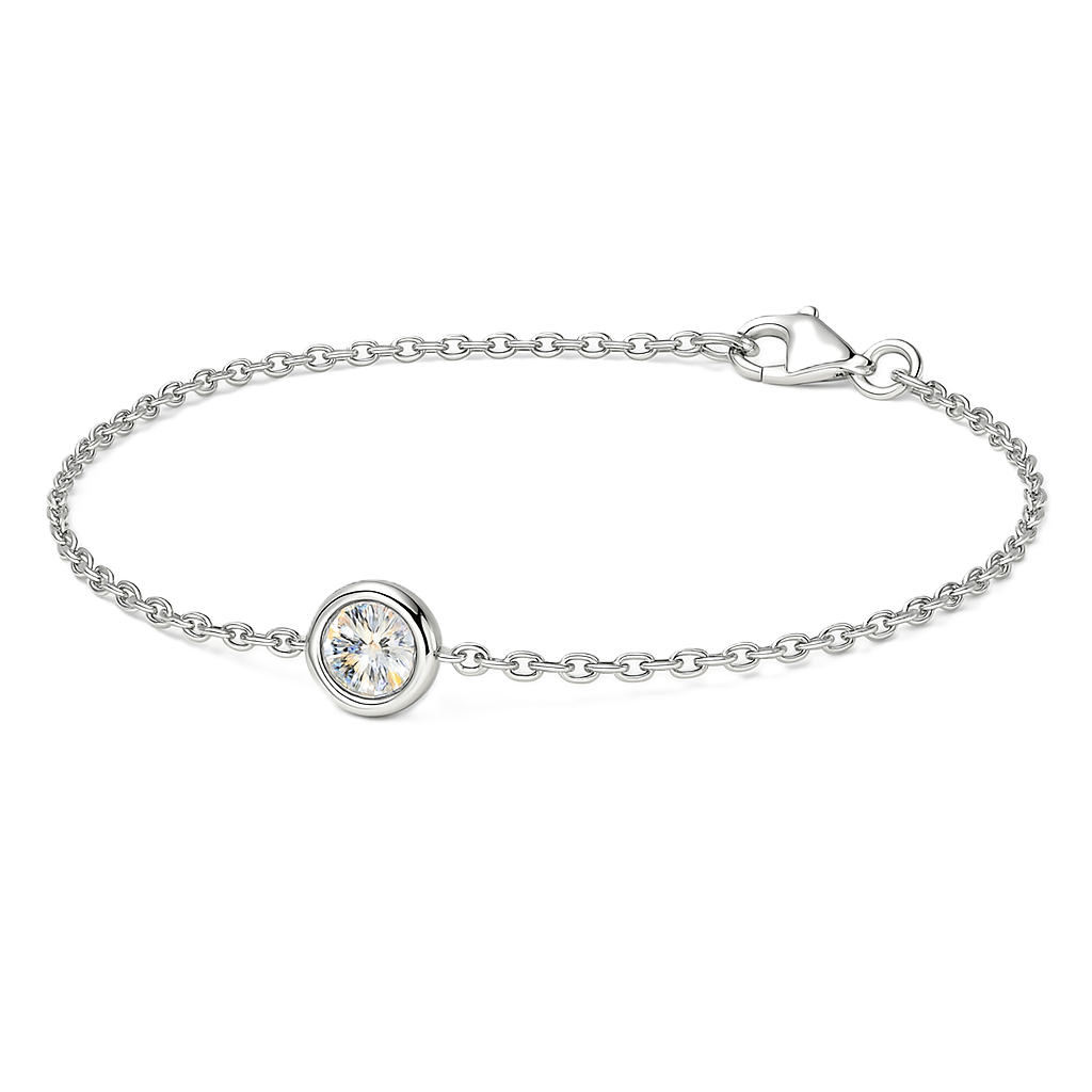 Radiant Moissanite bracelet featuring a 3 mm round brilliant stone in white-gold-plated 925 silver. Elegant brilliance for daily wear. Available at BSI Jewelry.