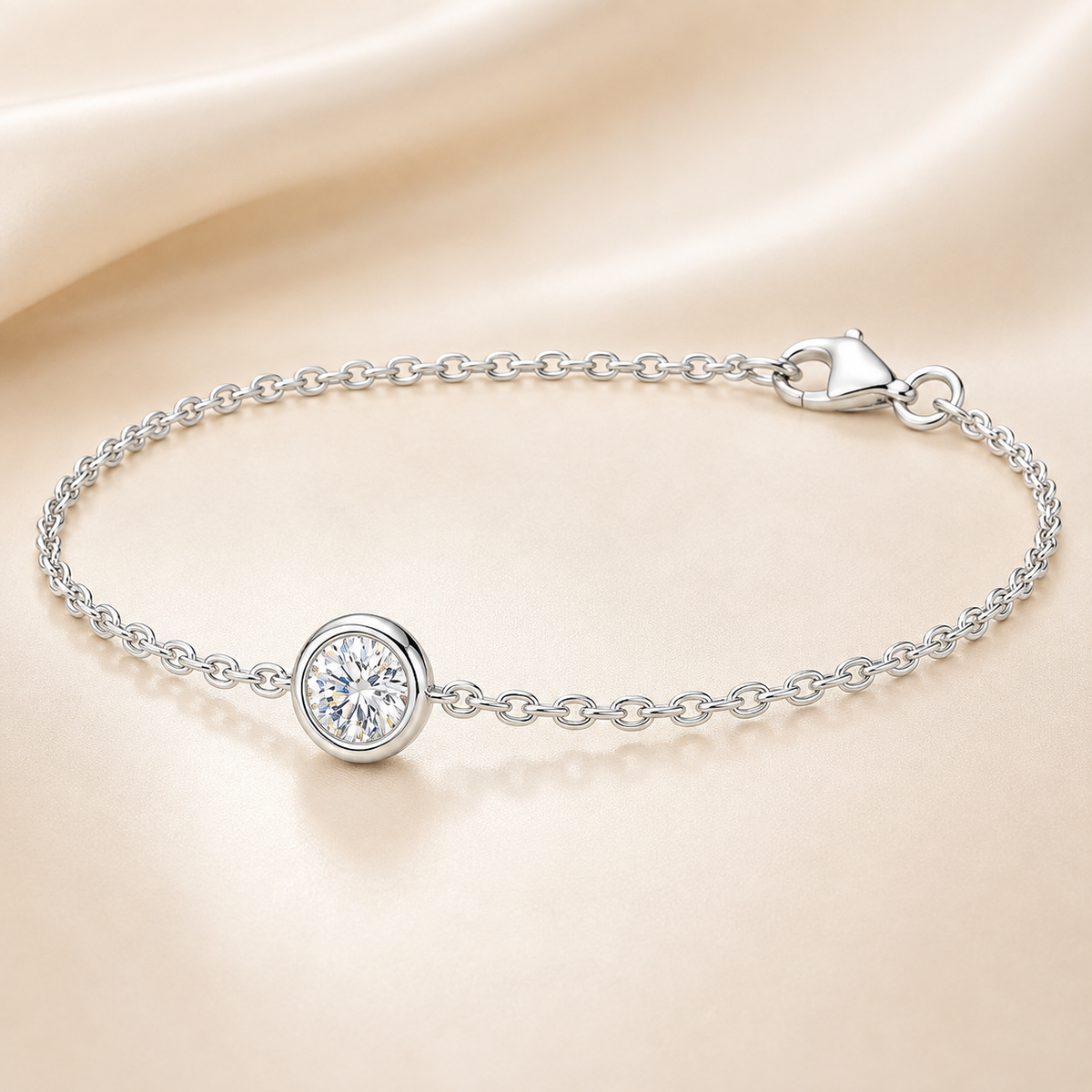 Radiant Moissanite bracelet featuring a 3 mm round brilliant stone in white-gold-plated 925 silver. Elegant brilliance for daily wear. Available at BSI Jewelry.