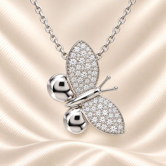 Charming Moissanite butterfly pendant in 925 silver, symbolizing grace and freedom. Hypoallergenic, radiant, and timeless. Available now at BSI Jewelry.