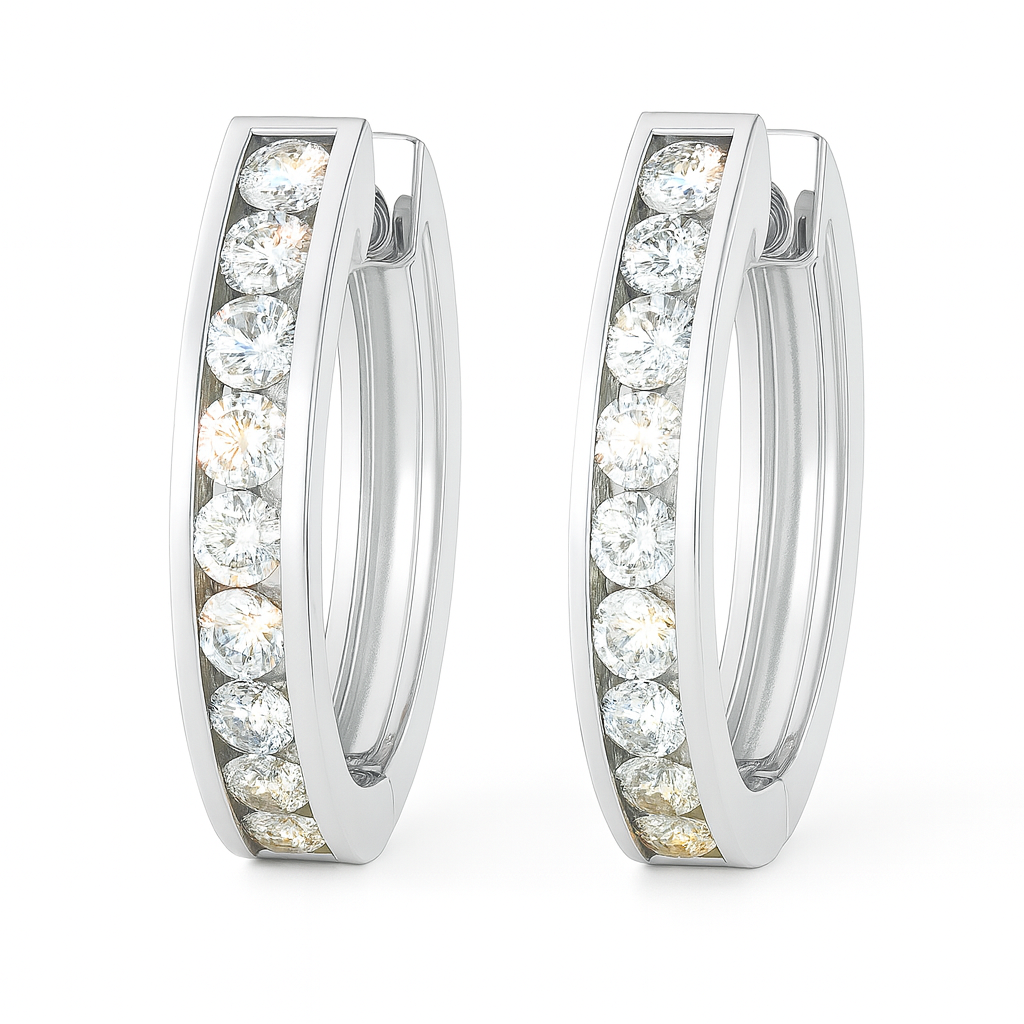 2 mm moissanite channel set huggies earrings in white gold-plated 925 silver. Sleek, refined and hypoallergenic for daily wear. Available now at BSI Jewelry.