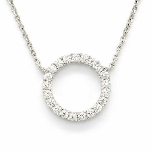 Elegant Moissanite circle necklace in 925 silver with pavé brilliance. Open-circle design symbolizing unity, eternity and harmony. Available now at BSI Jewelry.
