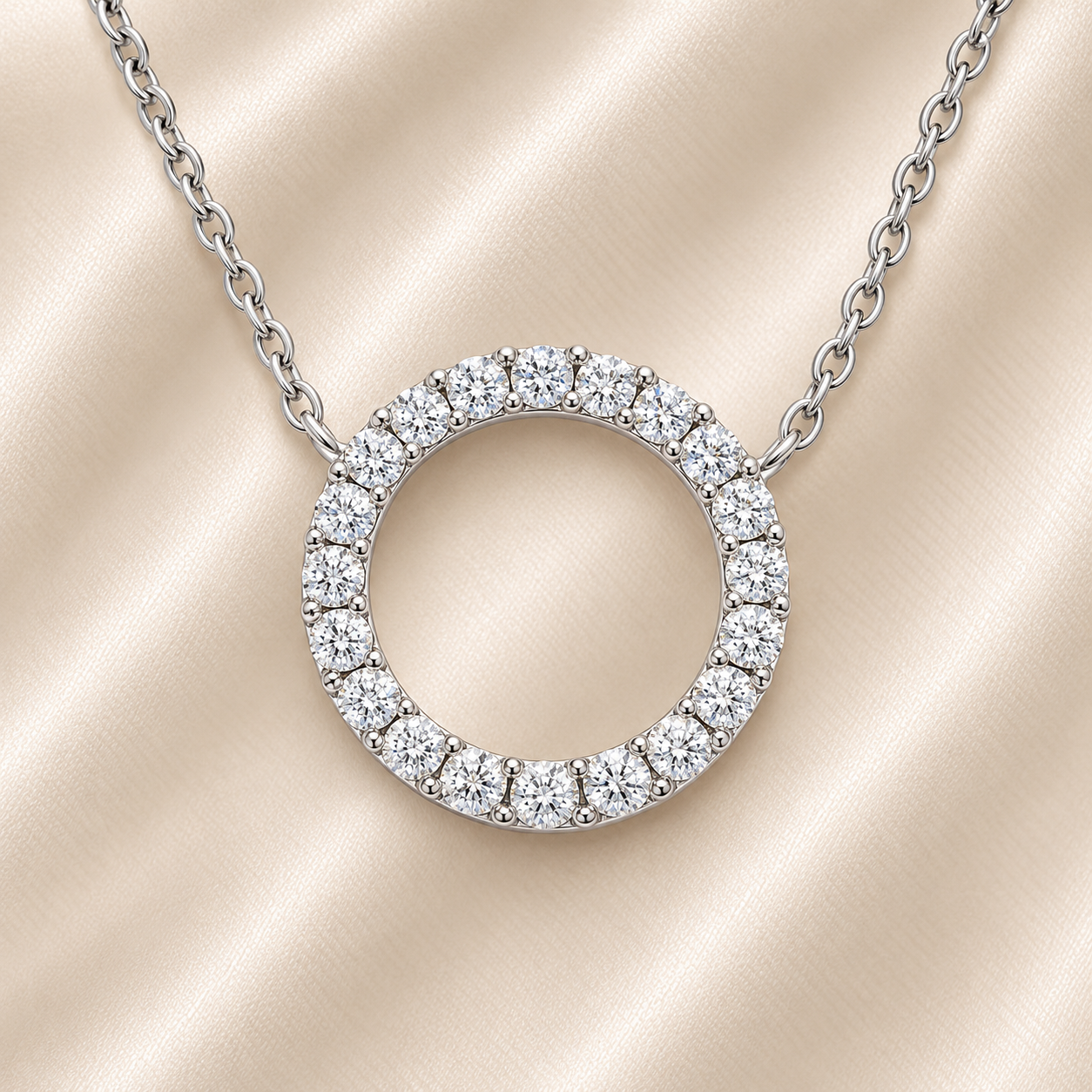 Elegant Moissanite circle necklace in 925 silver with pavé brilliance. Open-circle design symbolizing unity, eternity and harmony. Available now at BSI Jewelry.