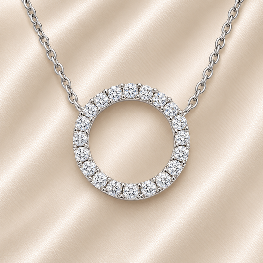 Elegant Moissanite circle necklace in 925 silver with pavé brilliance. Open-circle design symbolizing unity, eternity and harmony. Available now at BSI Jewelry.