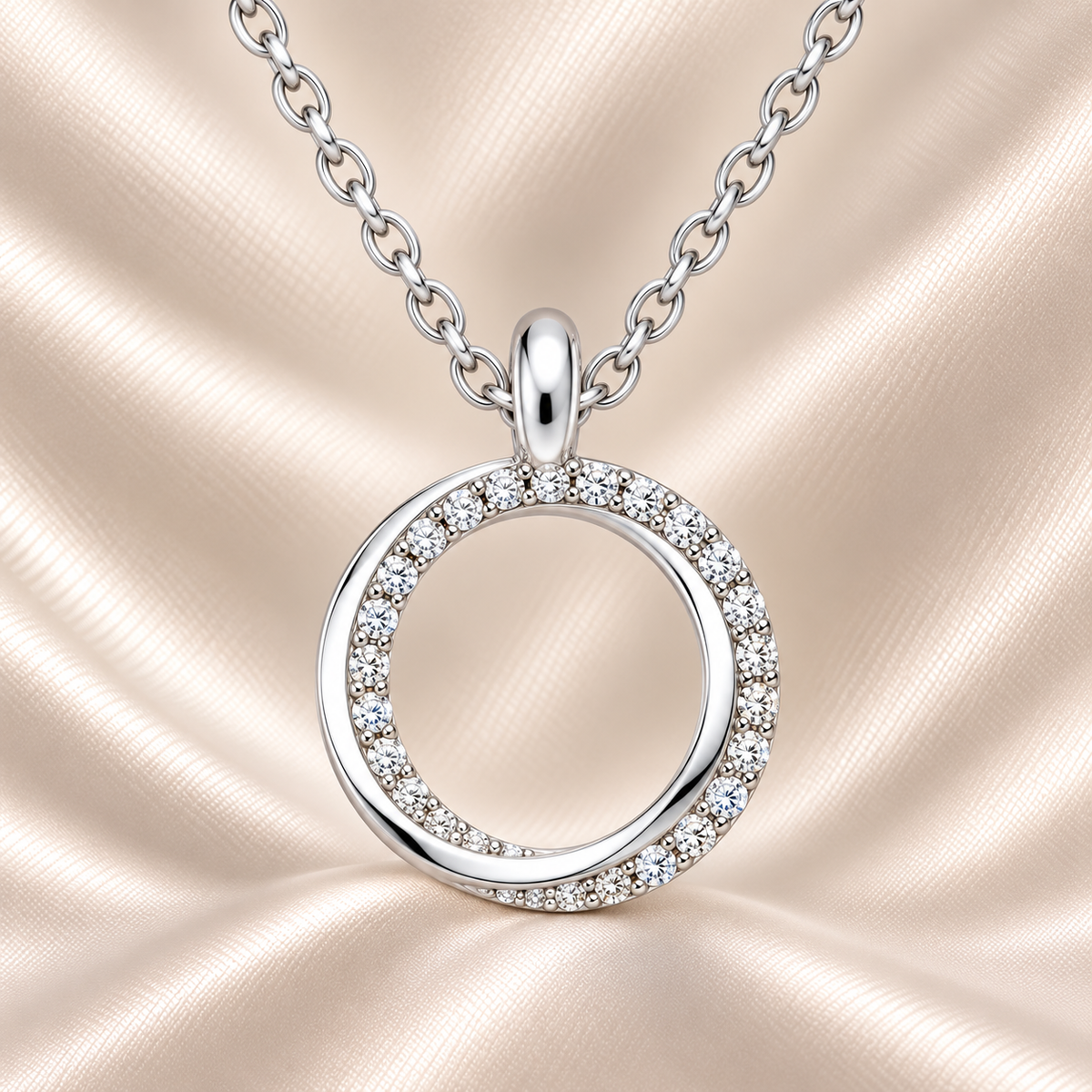 Elegant Moissanite circle pendant in 925 silver with pavé brilliance for radiant sparkle. Open-circle design symbolizing harmony. Available now at BSI Jewelry.