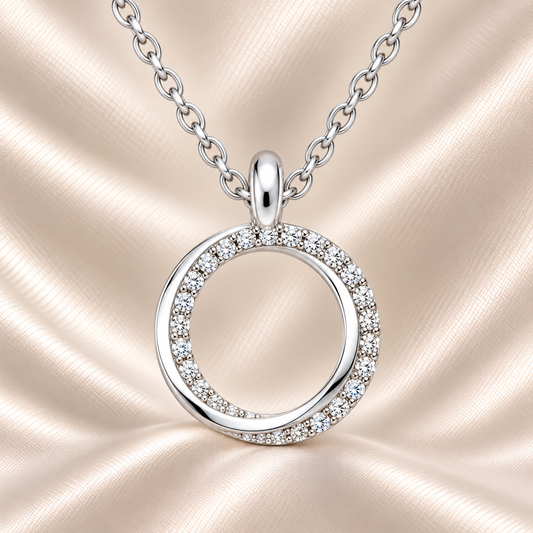 Elegant Moissanite circle pendant in 925 silver with pavé brilliance for radiant sparkle. Open-circle design symbolizing harmony. Available now at BSI Jewelry.