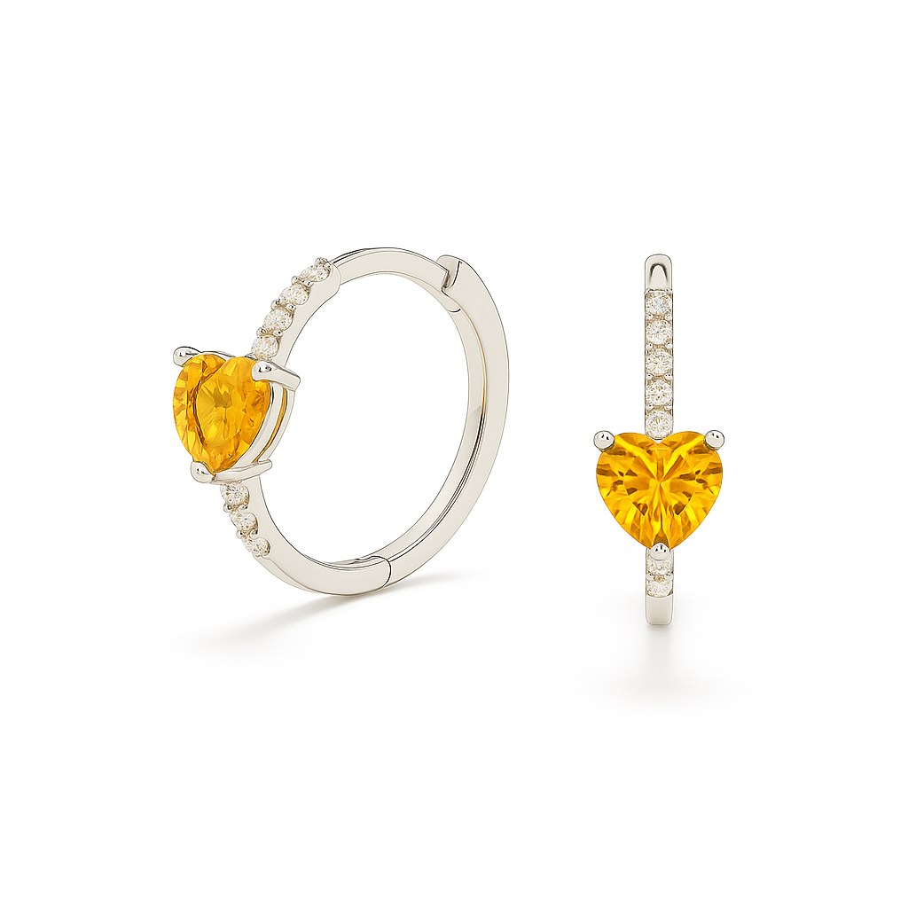 Heart-cut Citrine huggie earrings in white-gold-plated 925 silver with sparkling Moissanite accents for warm golden brilliance. Available now at BSI Jewelry.