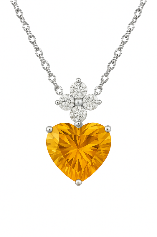 Radiant 7mm heart-cut Citrine necklace with Moissanite accents in white-gold-plated 925 silver. Joyful brilliance and timeless charm. Available at BSI Jewelry.