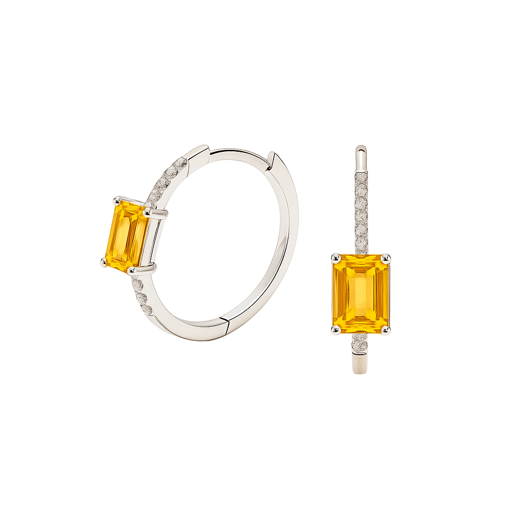 Radiant citrine and Moissanite huggie earrings with 6×4 mm emerald-cut stones in white gold-plated 925 silver. Hypoallergenic comfort. Now at BSI Jewelry.