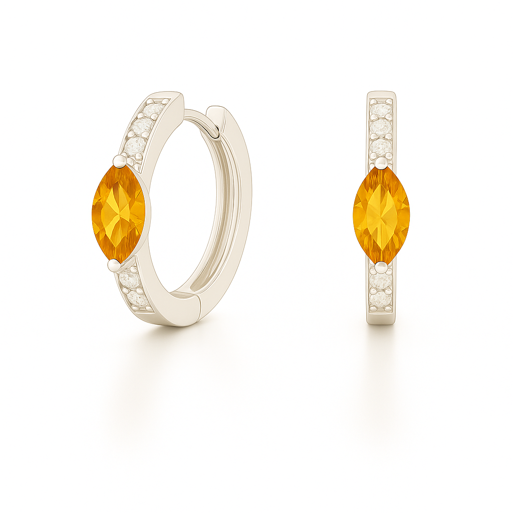 Citrine and Moissanite marquise huggie earrings in white gold-plated 925 silver with 6×3 mm stones. Hypoallergenic and safe to wear. Available at BSI Jewelry.