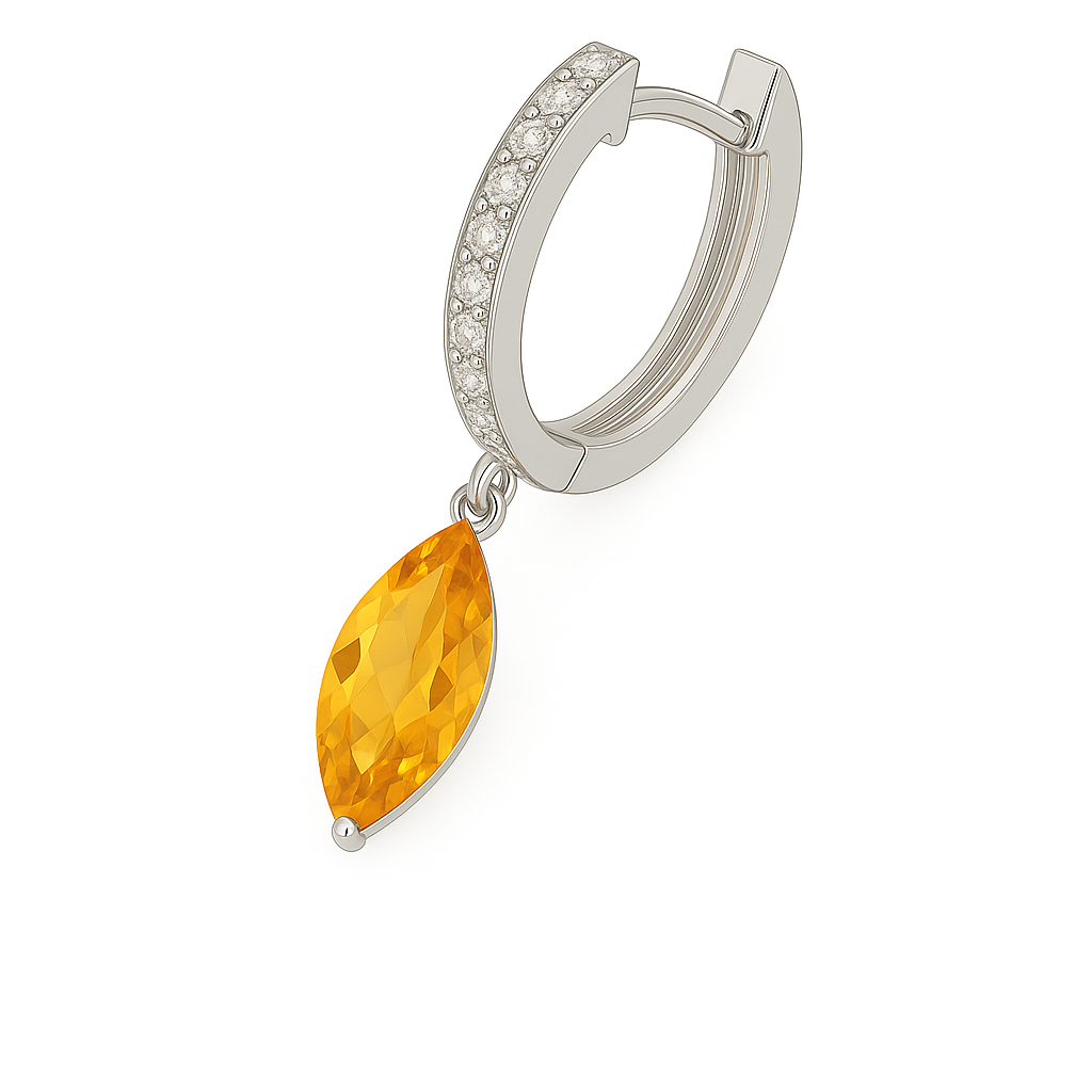 Citrine marquise huggie earrings with 12×6 mm drops, crafted in white gold-plated 925 silver and accented with Moissanite. Available now at BSI Jewelry.