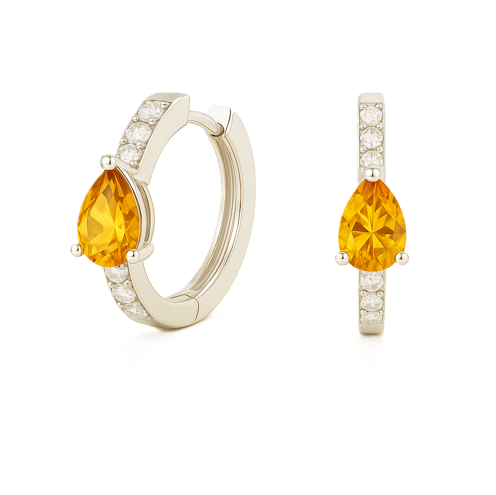 Elegant pear-cut citrine huggie earring in white gold-plated 925 silver with Moissanite accents for timeless sparkle. Available now at BSI Jewelry.