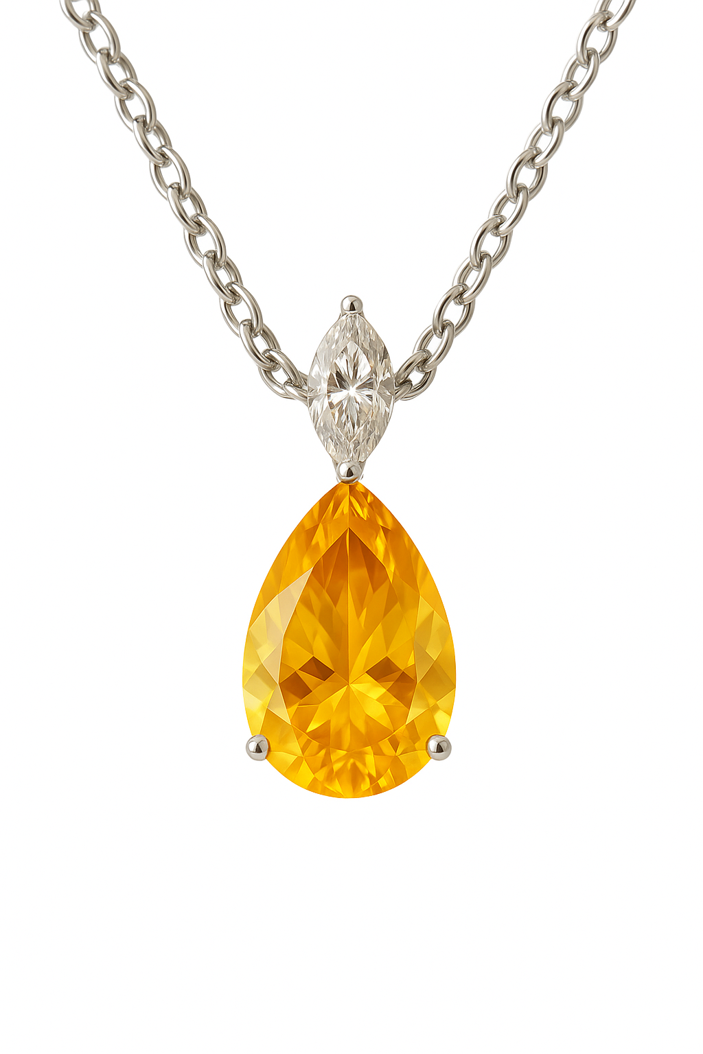 Luminous 12×8mm pear-cut Citrine necklace with marquise Moissanite accent in white-gold-plated 925 silver. Elegant and hypoallergenic. Available at BSI Jewelry.