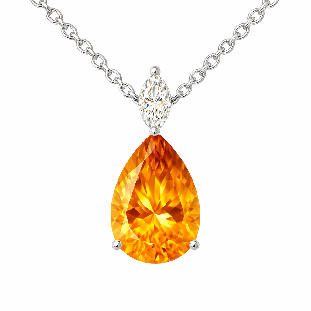 Moissanite and citrine pendant with a 12×8 mm pear-cut gemstone in white gold-plated 925 silver. Warm and elegant for daily wear. Available now at BSI Jewelry.