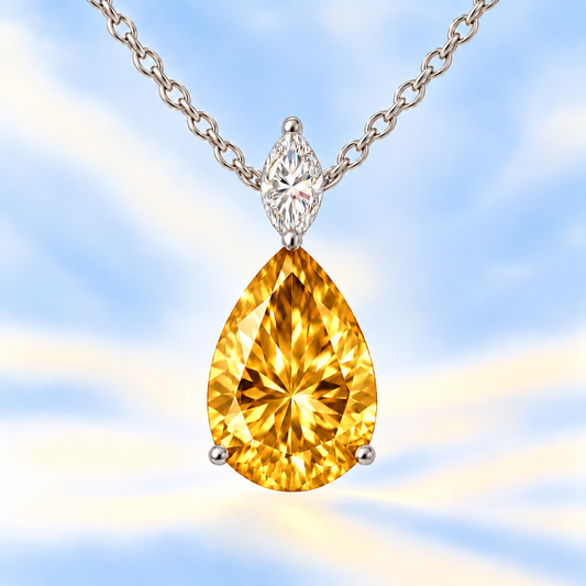 Moissanite and citrine pendant with a 12×8 mm pear-cut gemstone in white gold-plated 925 silver. Warm and elegant for daily wear. Available now at BSI Jewelry.