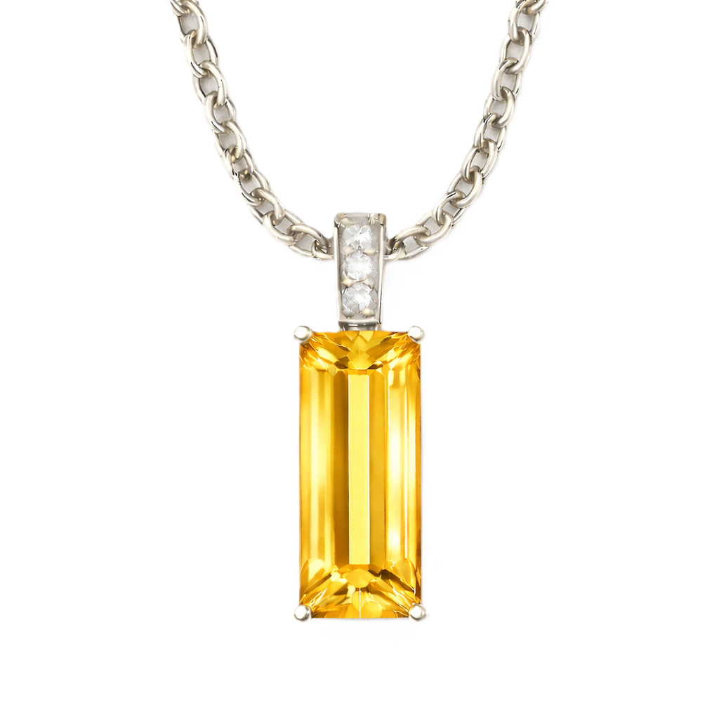 Moissanite and citrine pendant with a 14 × 6 mm baguette-cut gemstone in white gold-plated 925 silver. Modern and elegant. Available now at BSI Jewelry.