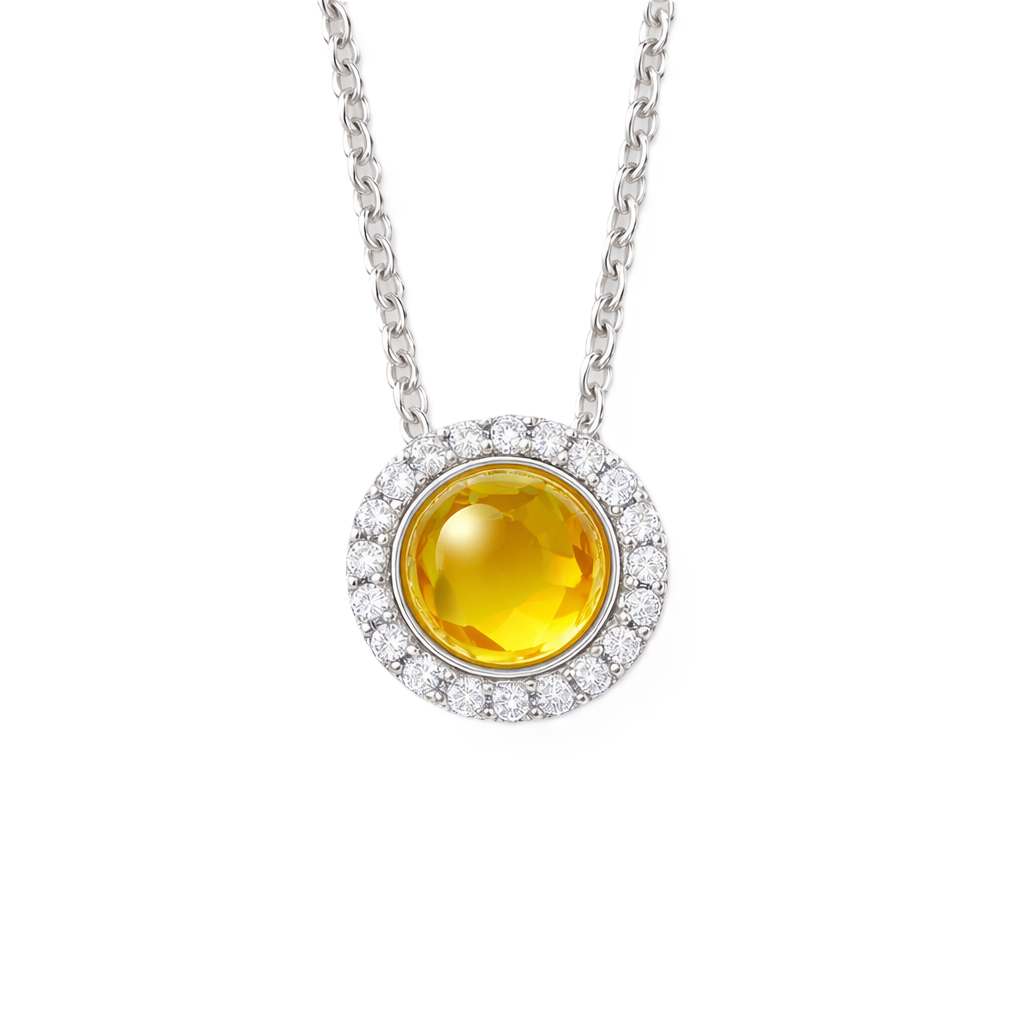 Moissanite and citrine pendant with a 6 mm cabochon gemstone in white gold-plated 925 silver. Warm and elegant. Available now at BSI Jewelry.