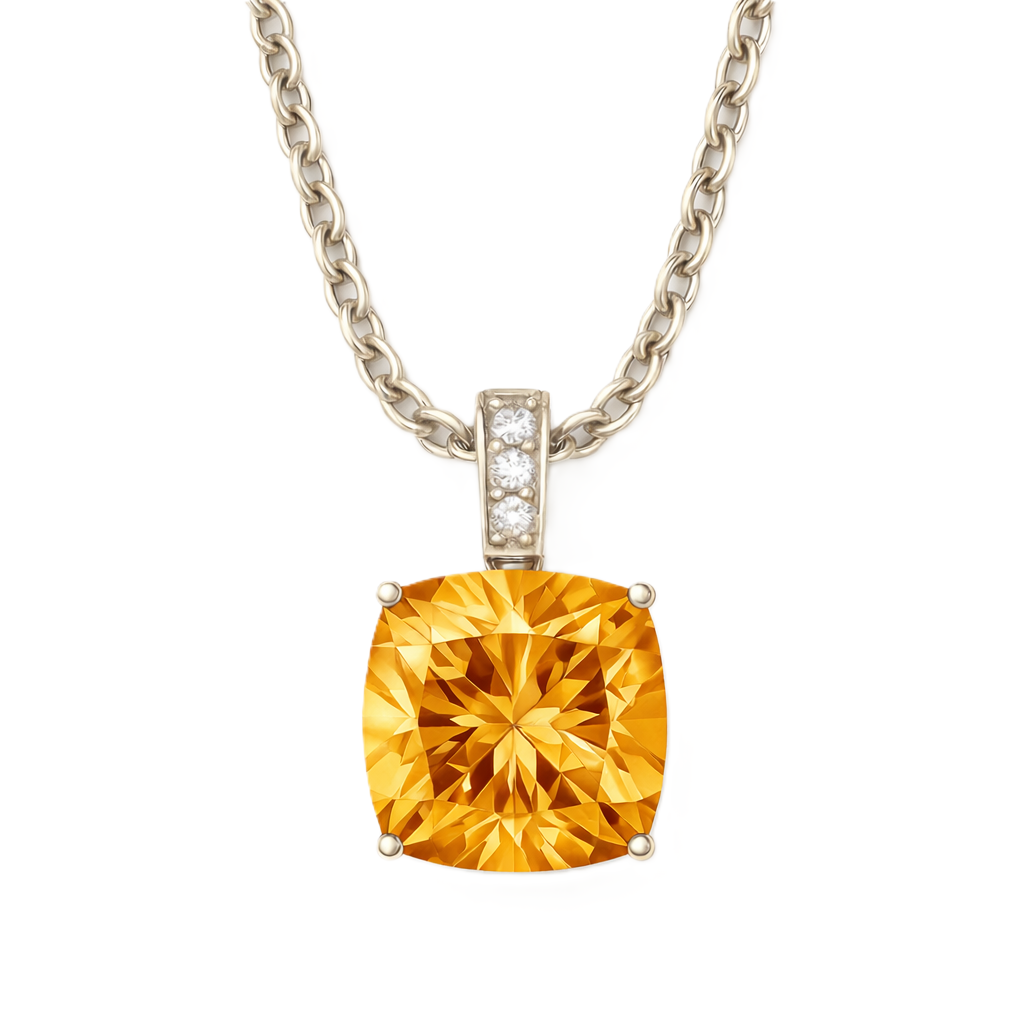 Moissanite and citrine pendant with a 6 mm cushion-cut gemstone in white gold-plated 925 silver. Warm and elegant. Available now at BSI Jewelry.