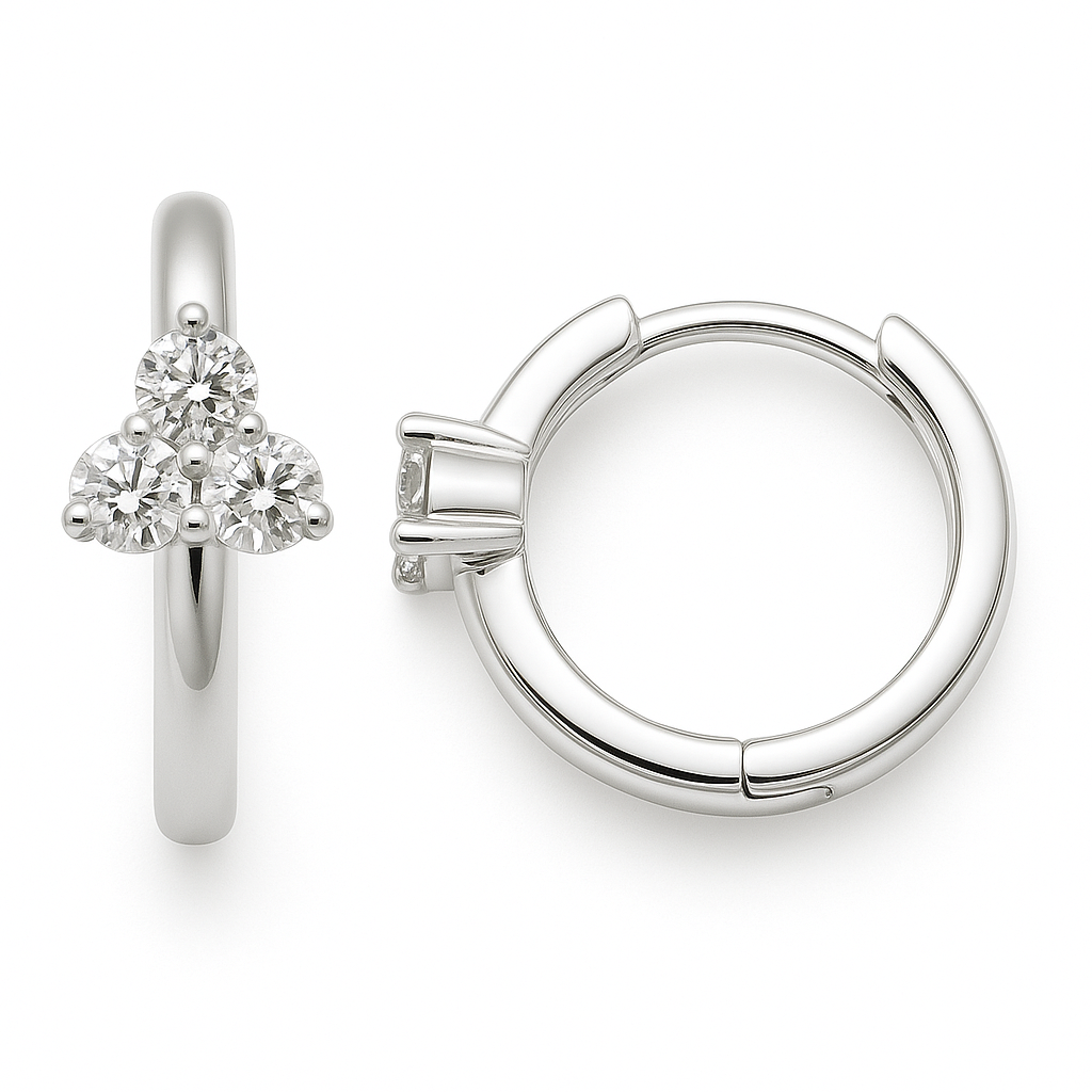 Chic Moissanite cluster huggie earrings in 925 silver with a sparkling trio of stones on sleek hoops. Elegance and radiant style. Available now at BSI Jewelry.
