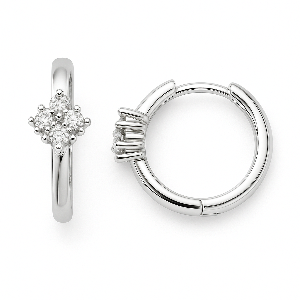 Chic Moissanite cluster huggie earrings in 925 silver with floral-inspired sparkle. White gold-plated, hypoallergenic and elegant. Available now at BSI Jewelry.