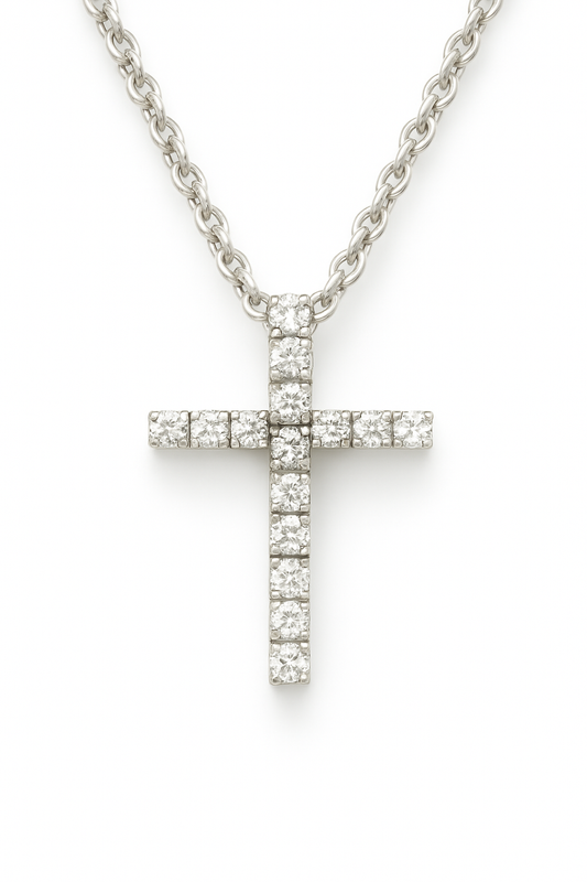 Elegant Moissanite cross pendant in 925 silver, pavé-set for radiant brilliance. A symbol of faith and grace. Perfect for daily wear. Available at BSI Jewelry.