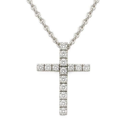 Elegant Moissanite cross pendant in 925 silver, pavé-set for radiant brilliance. A symbol of faith and grace. Perfect for daily wear. Available at BSI Jewelry.