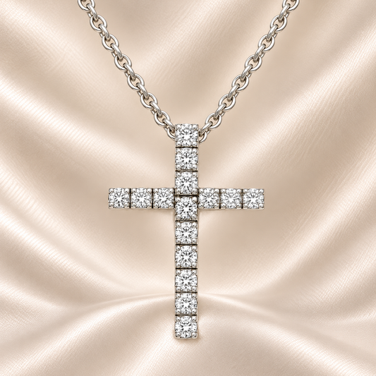 Elegant Moissanite cross pendant in 925 silver, pavé-set for radiant brilliance. A symbol of faith and grace. Perfect for daily wear. Available at BSI Jewelry.