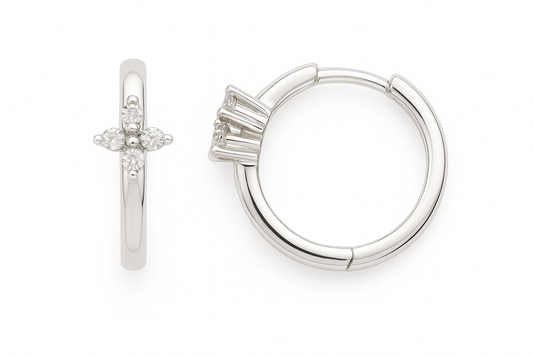 Moissanite cross huggie earrings in 925 silver with a delicate cross cluster. A meaningful design blending sparkle and timeless elegance. Now at BSI Jewelry.