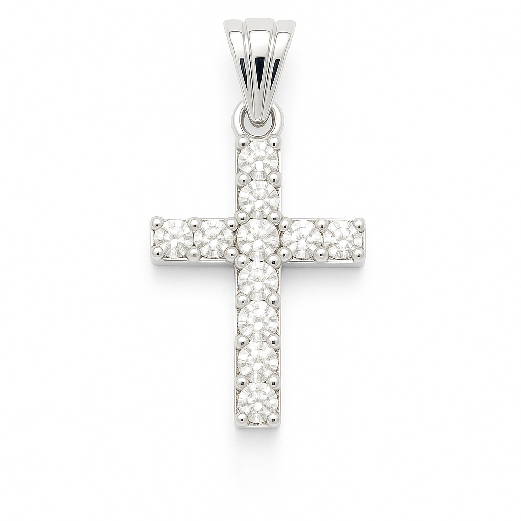 Elegant Moissanite cross in 925 silver, symbolizing faith and timeless beauty. Hypoallergenic design with radiant pavé brilliance. Available now at BSI Jewelry.