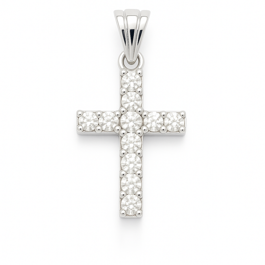 Elegant Moissanite cross in 925 silver, symbolizing faith and timeless beauty. Hypoallergenic design with radiant pavé brilliance. Available now at BSI Jewelry.