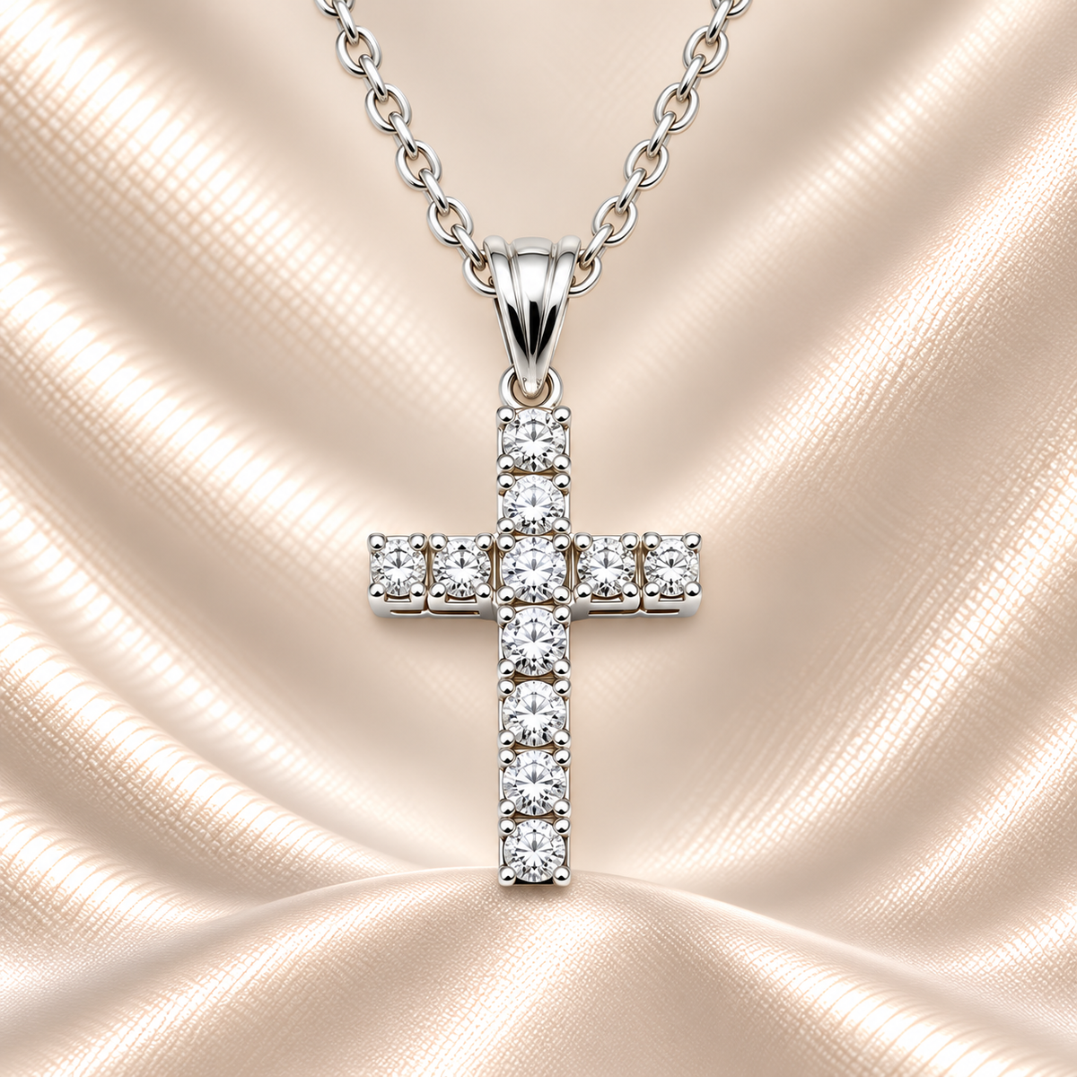 Elegant Moissanite cross in 925 silver, symbolizing faith and timeless beauty. Hypoallergenic design with radiant pavé brilliance. Available now at BSI Jewelry.